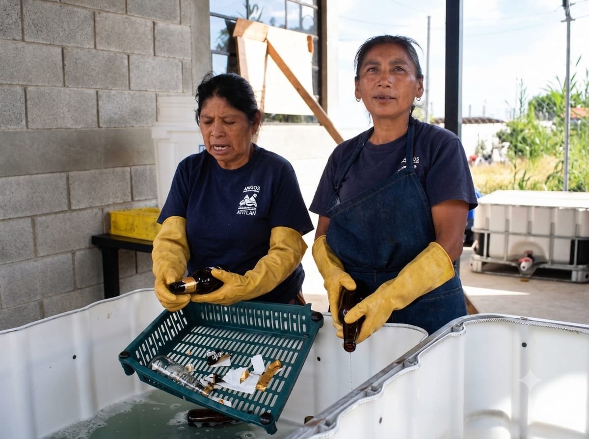 Mujer de Atitlán Recicla preparando botellas de vidrio